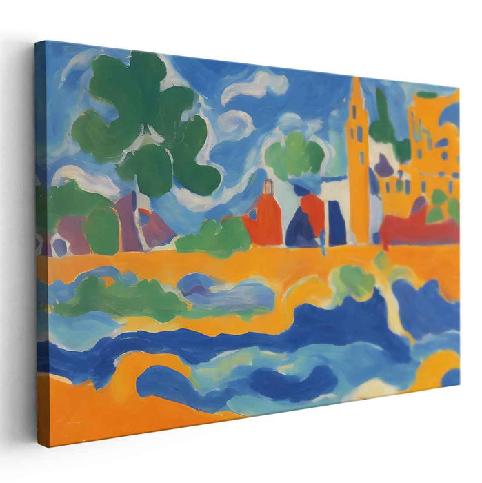 Vivid Village Impressions: Abstract Expressionist Colorful Village Landscape Canvas Art Print