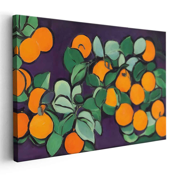 Citrus Elegance: Vibrant Orange and Purple Still Life Canvas Art