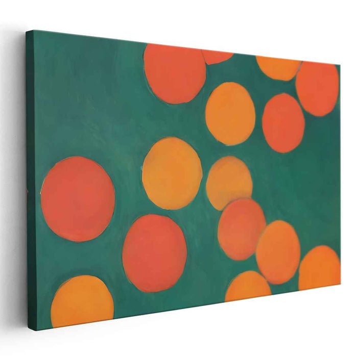 Tangential Unity: Abstract Expressionist Orange and Red Circles on Green Canvas Art Print