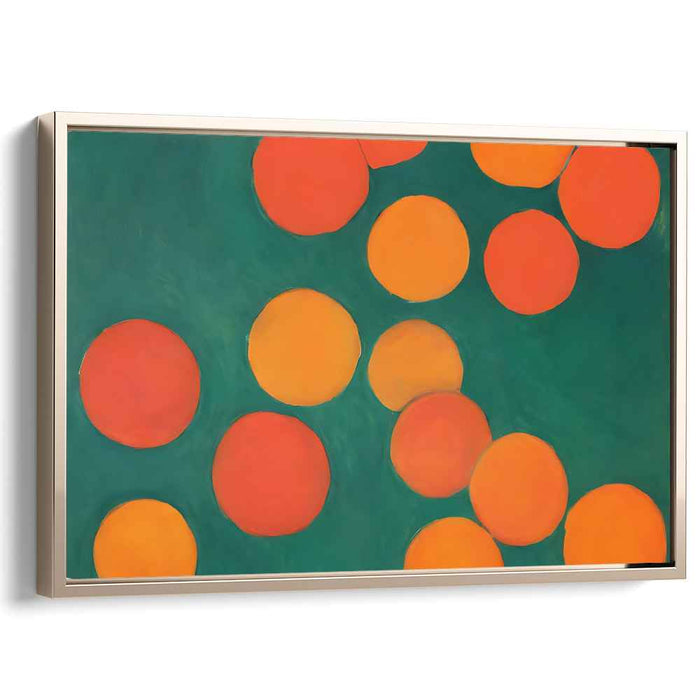 Tangential Unity: Abstract Expressionist Orange and Red Circles on Green Canvas Art Print