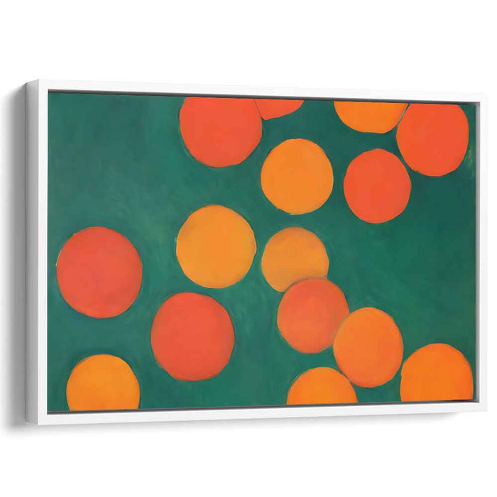 Tangential Unity: Abstract Expressionist Orange and Red Circles on Green Canvas Art Print