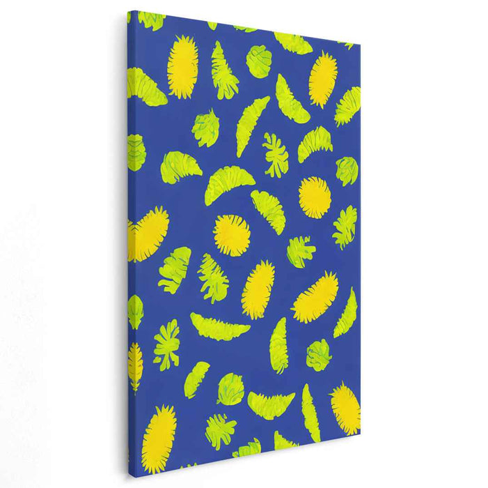 Cerulean Leaf Waltz: Vibrant Leaf Dance on Blue Canvas Art