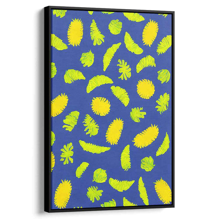 Cerulean Leaf Waltz: Vibrant Leaf Dance on Blue Canvas Art