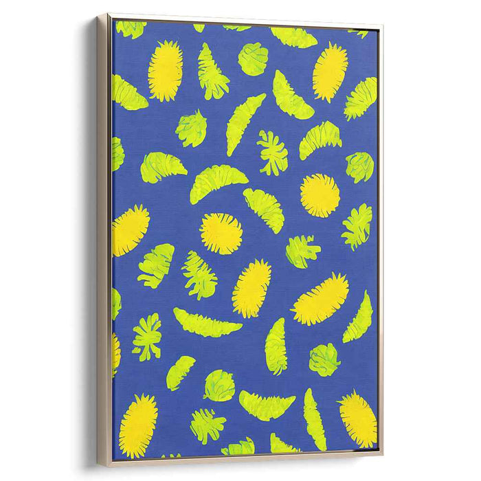 Cerulean Leaf Waltz: Vibrant Leaf Dance on Blue Canvas Art