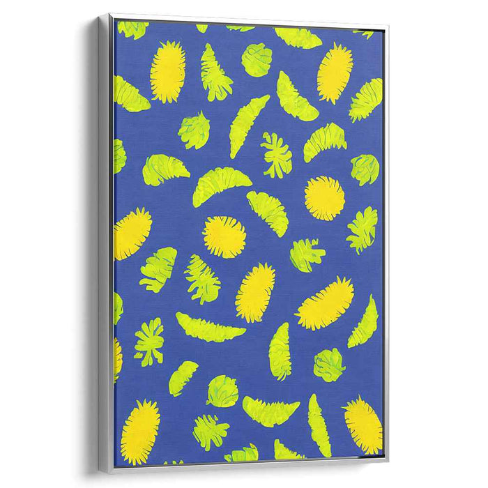 Cerulean Leaf Waltz: Vibrant Leaf Dance on Blue Canvas Art