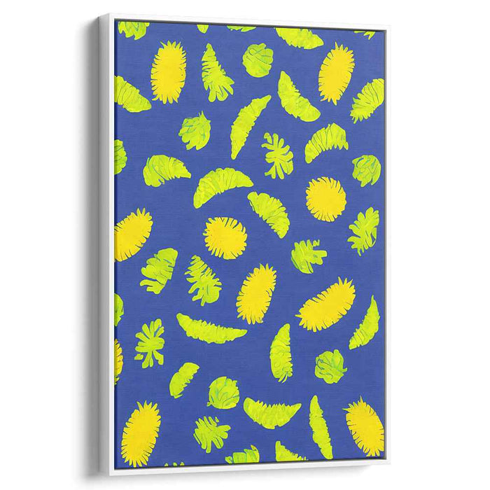 Cerulean Leaf Waltz: Vibrant Leaf Dance on Blue Canvas Art