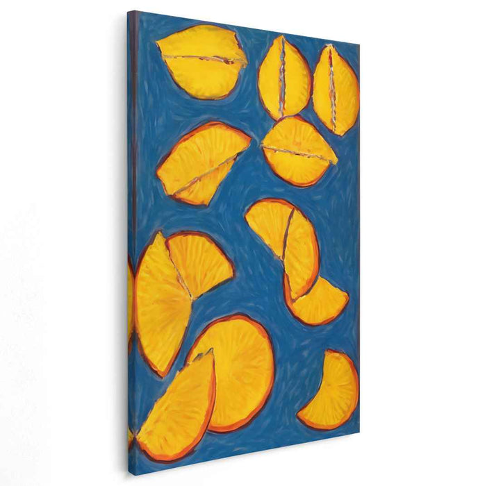 Tangerine Sonata: Vibrant Orange Slices on Blue Abstract Canvas Art