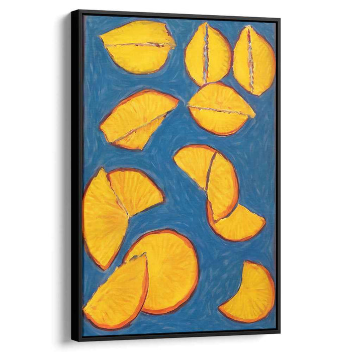 Tangerine Sonata: Vibrant Orange Slices on Blue Abstract Canvas Art