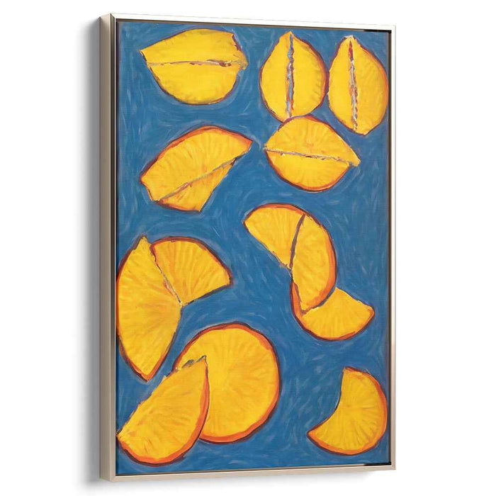 Tangerine Sonata: Vibrant Orange Slices on Blue Abstract Canvas Art