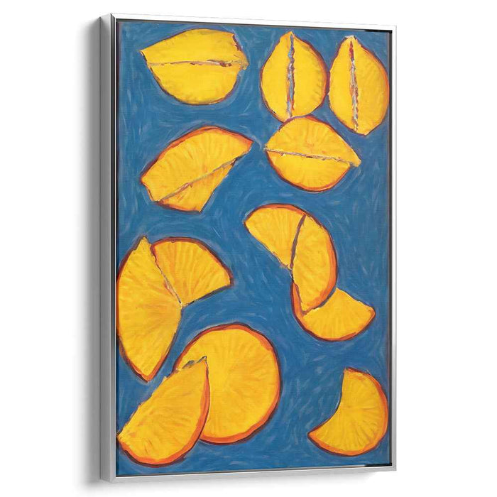 Tangerine Sonata: Vibrant Orange Slices on Blue Abstract Canvas Art