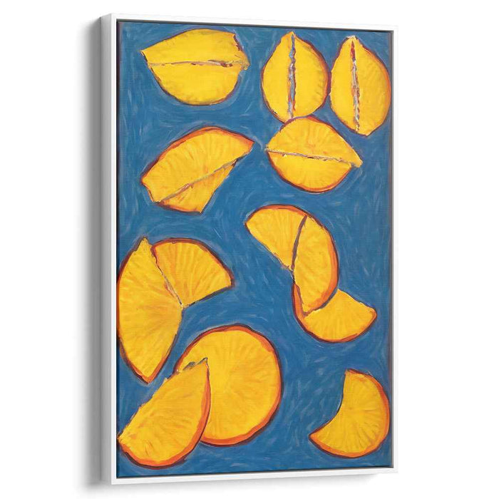 Tangerine Sonata: Vibrant Orange Slices on Blue Abstract Canvas Art