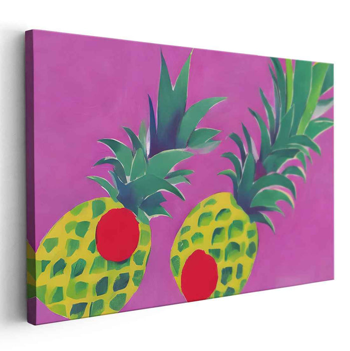 Tropical Trio Melody: Vibrant Pineapple Trio on Magenta Canvas Art