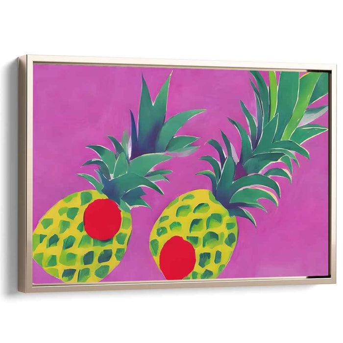 Tropical Trio Melody: Vibrant Pineapple Trio on Magenta Canvas Art