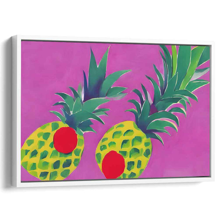 Tropical Trio Melody: Vibrant Pineapple Trio on Magenta Canvas Art
