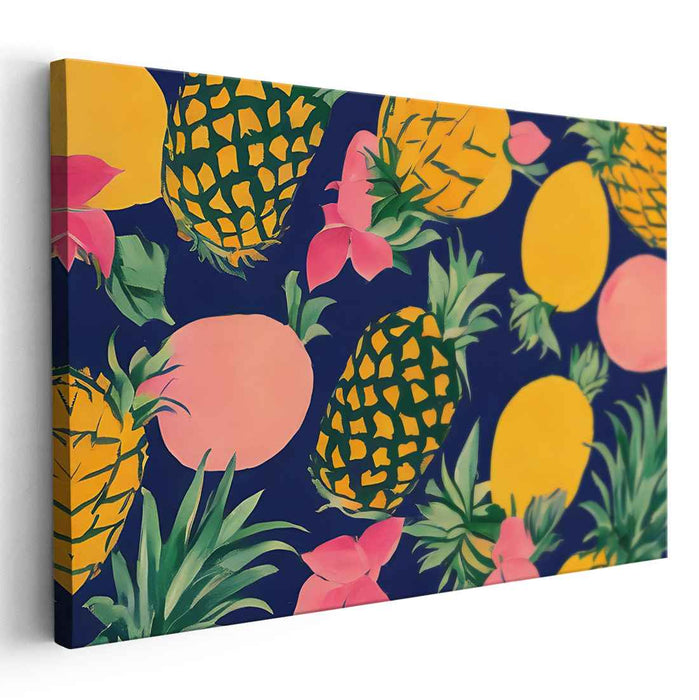 Midnight Garden Delights: Lush Fruits and Florals on Deep Blue Canvas Art