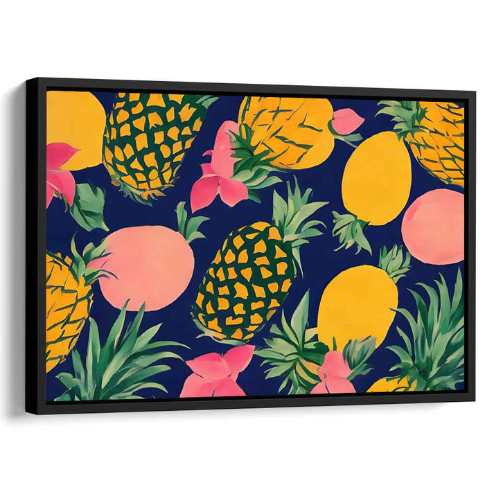 Midnight Garden Delights: Lush Fruits and Florals on Deep Blue Canvas Art