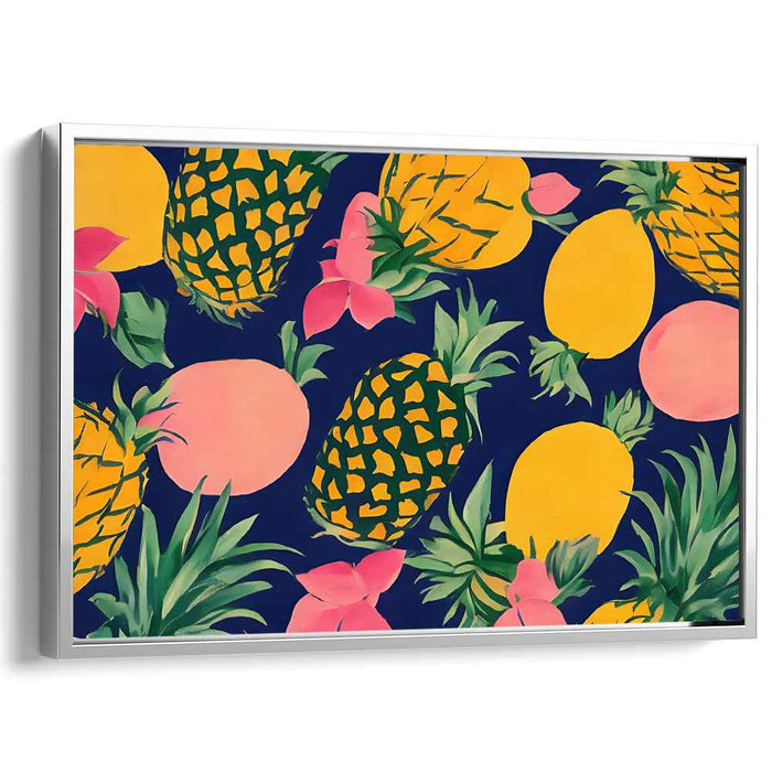 Midnight Garden Delights: Lush Fruits and Florals on Deep Blue Canvas Art
