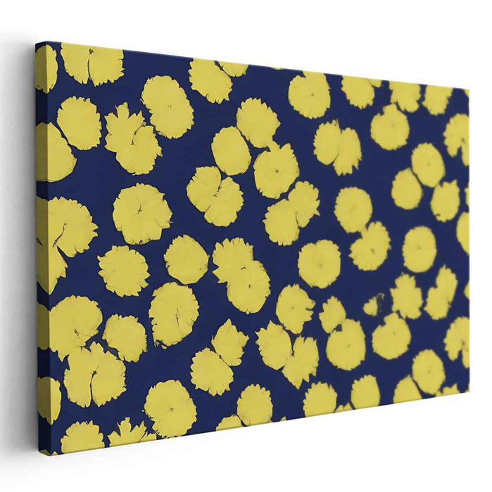 Electric Blooms: Contemporary Yellow Floral Patterns on Blue Canvas Art