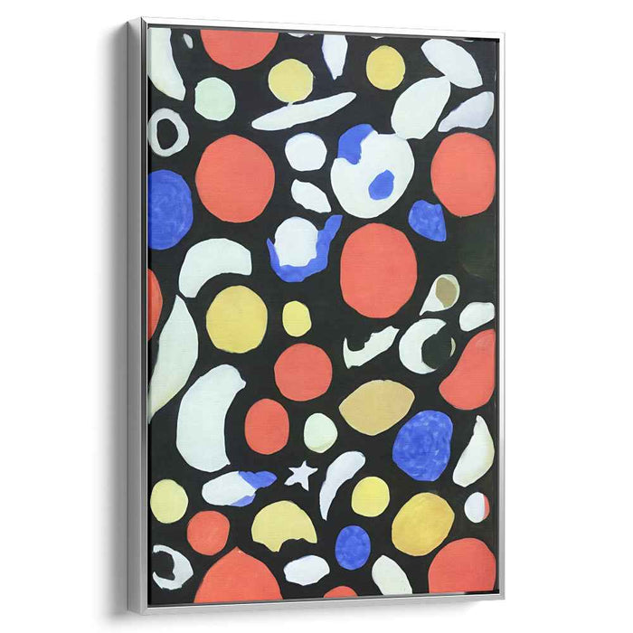 Chaos Unleashed in Midnight Realm: Vibrant Abstract Shapes on Black Canvas Art Print