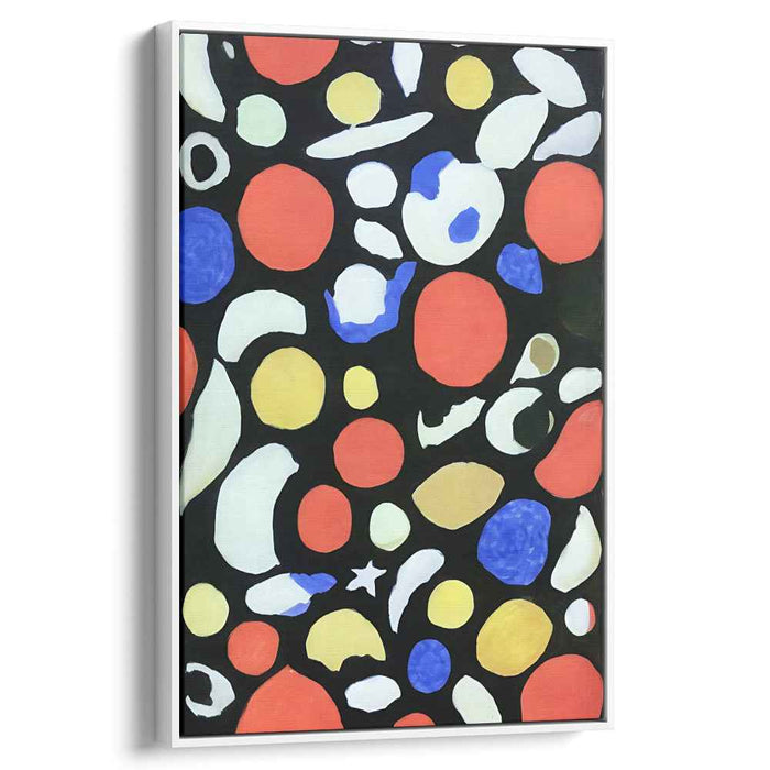 Chaos Unleashed in Midnight Realm: Vibrant Abstract Shapes on Black Canvas Art Print