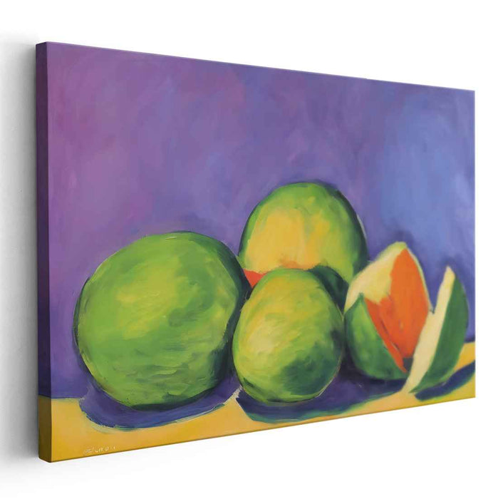 Lime Zest in Lavender Dream: Vibrant Green Mangoes on Purple Canvas Art Print