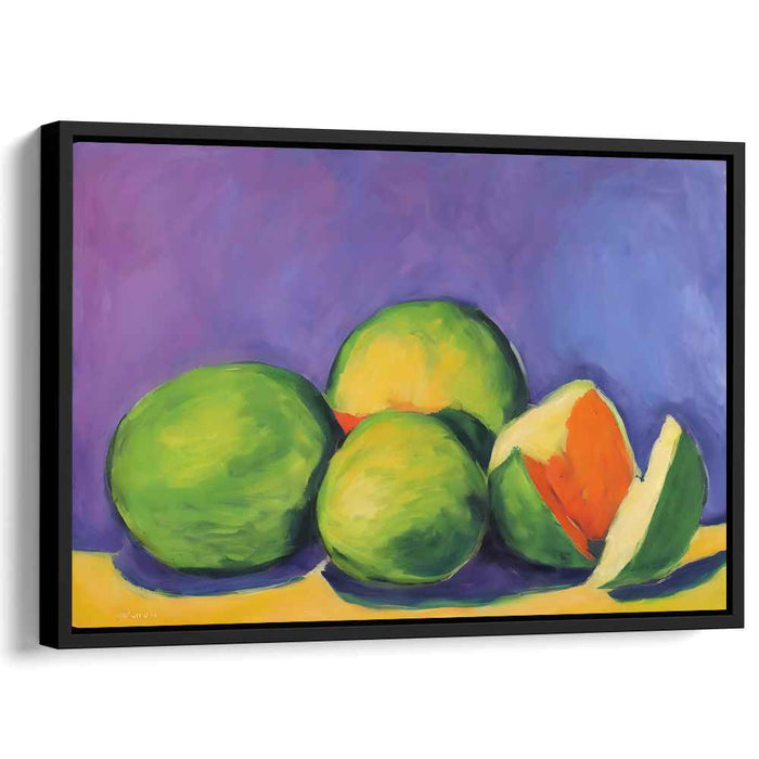 Lime Zest in Lavender Dream: Vibrant Green Mangoes on Purple Canvas Art Print