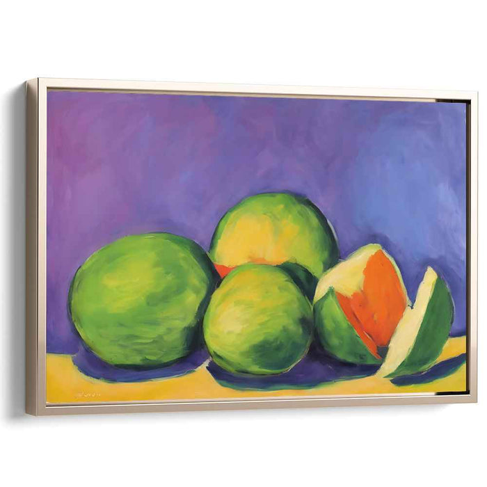 Lime Zest in Lavender Dream: Vibrant Green Mangoes on Purple Canvas Art Print