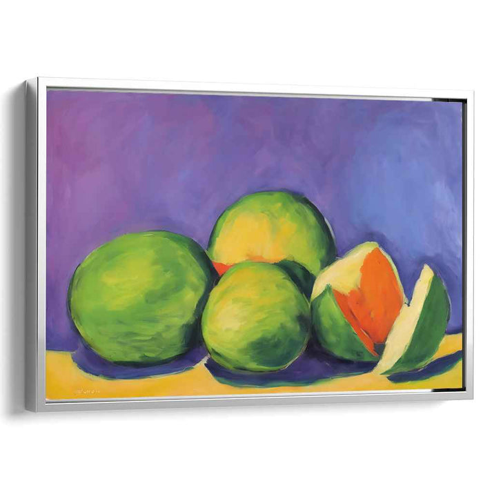 Lime Zest in Lavender Dream: Vibrant Green Mangoes on Purple Canvas Art Print