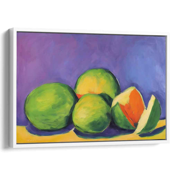 Lime Zest in Lavender Dream: Vibrant Green Mangoes on Purple Canvas Art Print