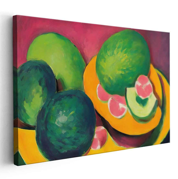 Lush Green Harmony: Bold Expressionist Still Life of Avocados and Melons