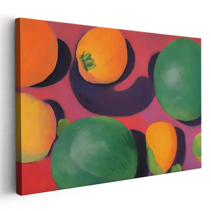 Crimson Fruit Fantasy: Vibrant Fruits on Surreal Crimson Canvas Art Print