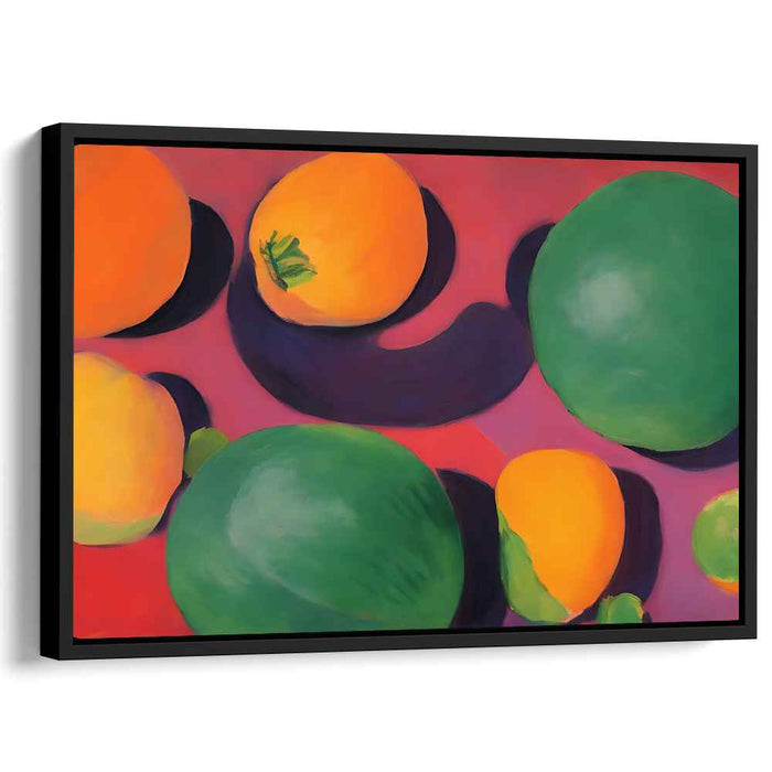 Crimson Fruit Fantasy: Vibrant Fruits on Surreal Crimson Canvas Art Print