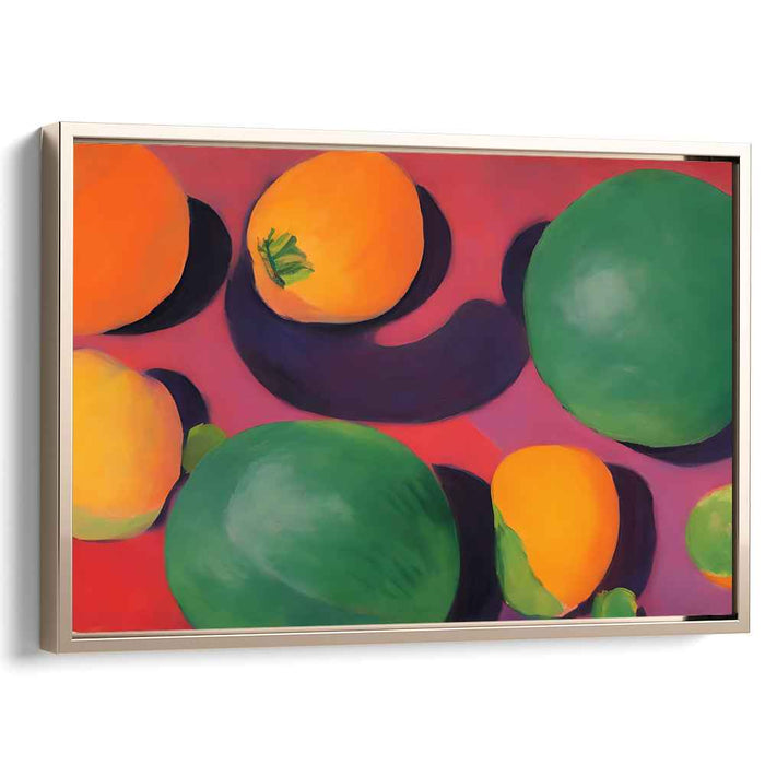Crimson Fruit Fantasy: Vibrant Fruits on Surreal Crimson Canvas Art Print