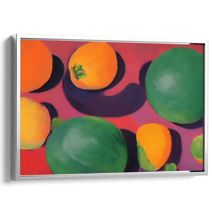 Crimson Fruit Fantasy: Vibrant Fruits on Surreal Crimson Canvas Art Print
