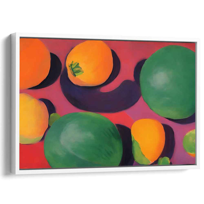 Crimson Fruit Fantasy: Vibrant Fruits on Surreal Crimson Canvas Art Print