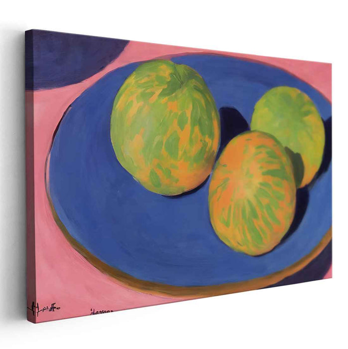 Summery Elegance: Contemporary Melon Trio on Blue Plate Canvas Art