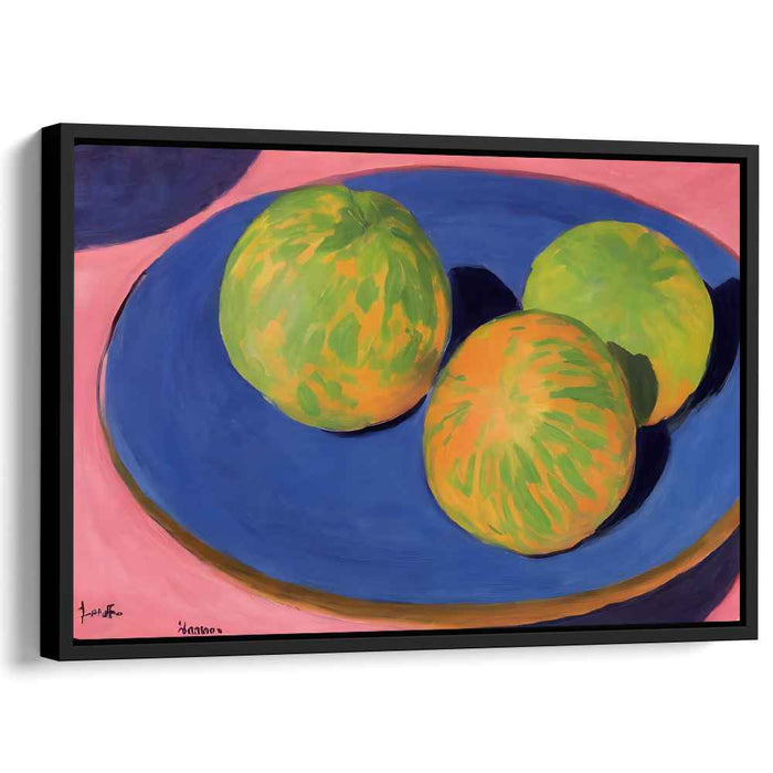 Summery Elegance: Contemporary Melon Trio on Blue Plate Canvas Art
