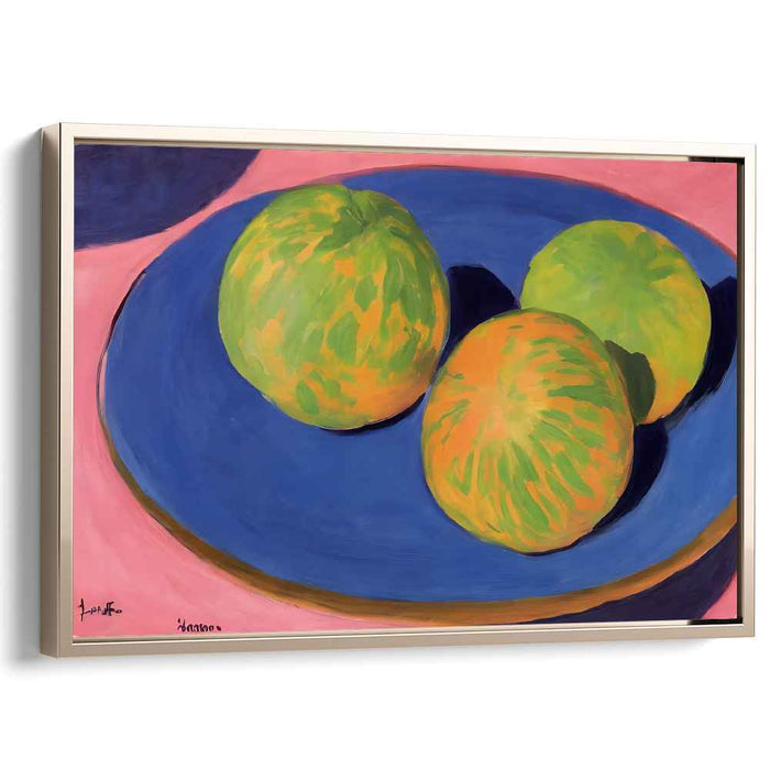 Summery Elegance: Contemporary Melon Trio on Blue Plate Canvas Art