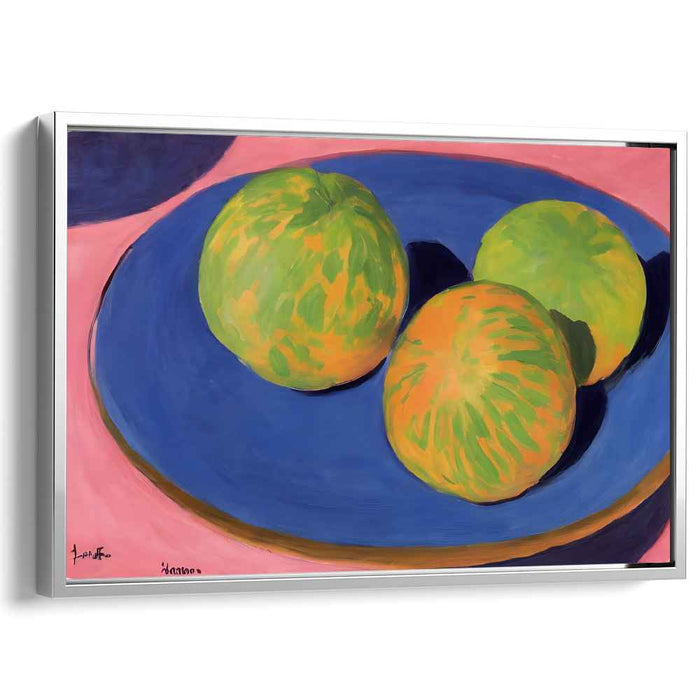 Summery Elegance: Contemporary Melon Trio on Blue Plate Canvas Art