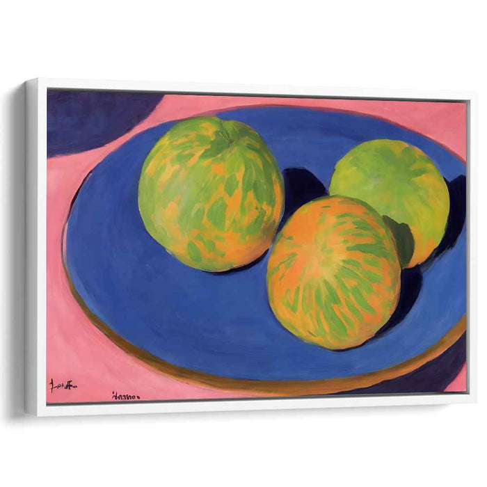 Summery Elegance: Contemporary Melon Trio on Blue Plate Canvas Art