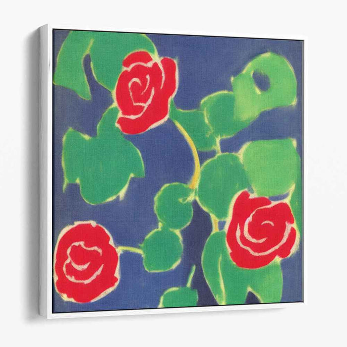 Crimson Bouquet on Sapphire Canvas: Modern Impressionist Red Roses on Blue Canvas Art Print