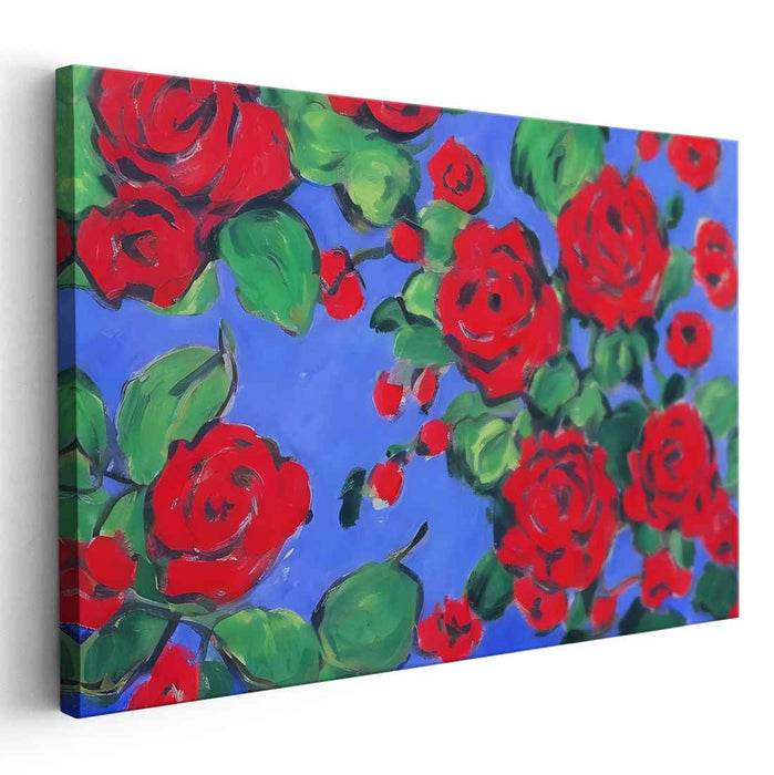Crimson Blooms Amid Azure Hues: Red Roses on a Vibrant Blue Canvas