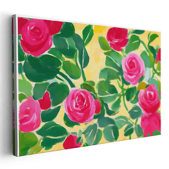 Sunny Rose Bouquet Radiance: Vibrant Pink Roses on Sunny Yellow Canvas Art Print
