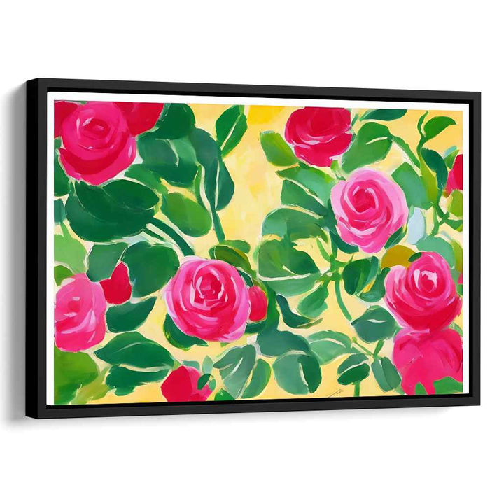 Sunny Rose Bouquet Radiance: Vibrant Pink Roses on Sunny Yellow Canvas Art Print