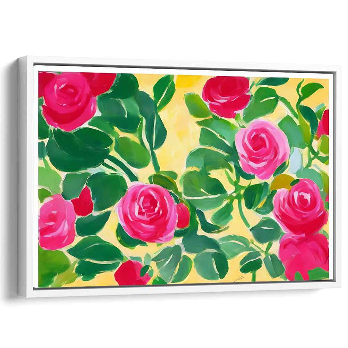 Sunny Rose Bouquet Radiance: Vibrant Pink Roses on Sunny Yellow Canvas Art Print