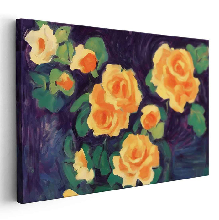 Enchanted Petals Dance Beneath Moonlight: Impressionist Yellow Roses on Deep Purple Canvas Art Print