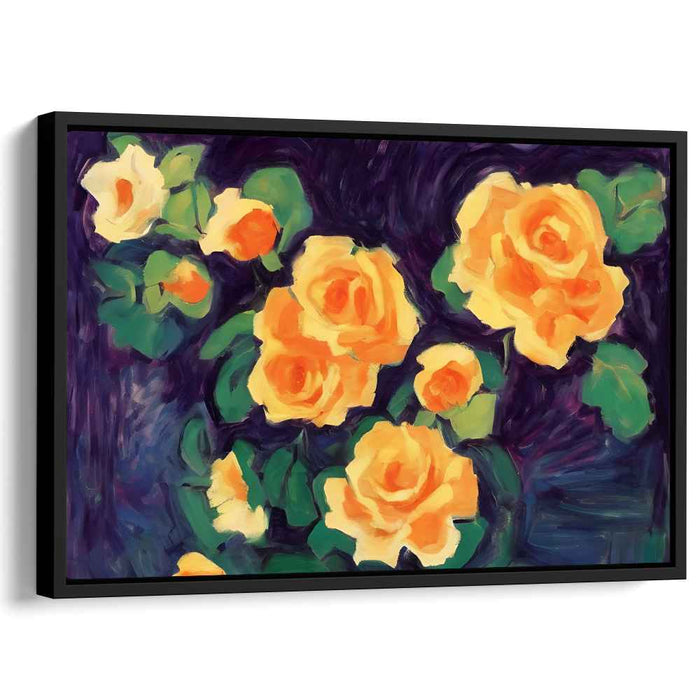 Enchanted Petals Dance Beneath Moonlight: Impressionist Yellow Roses on Deep Purple Canvas Art Print