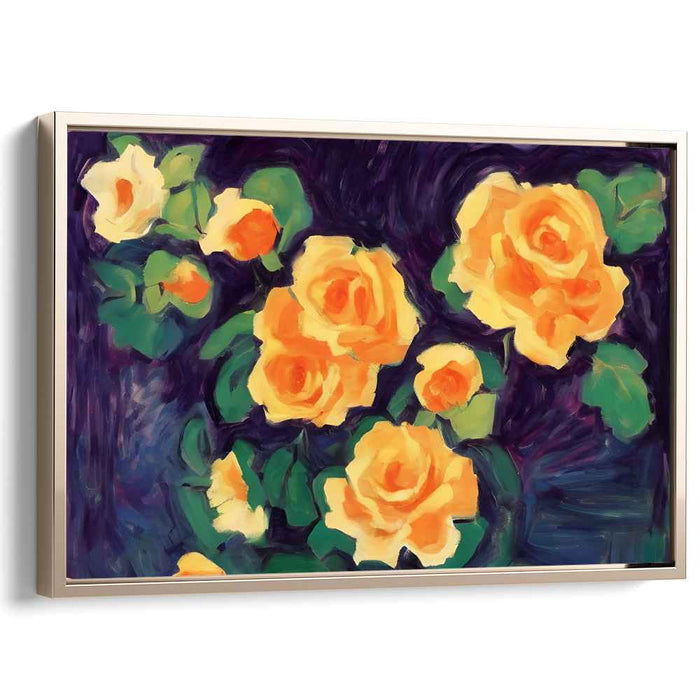 Enchanted Petals Dance Beneath Moonlight: Impressionist Yellow Roses on Deep Purple Canvas Art Print