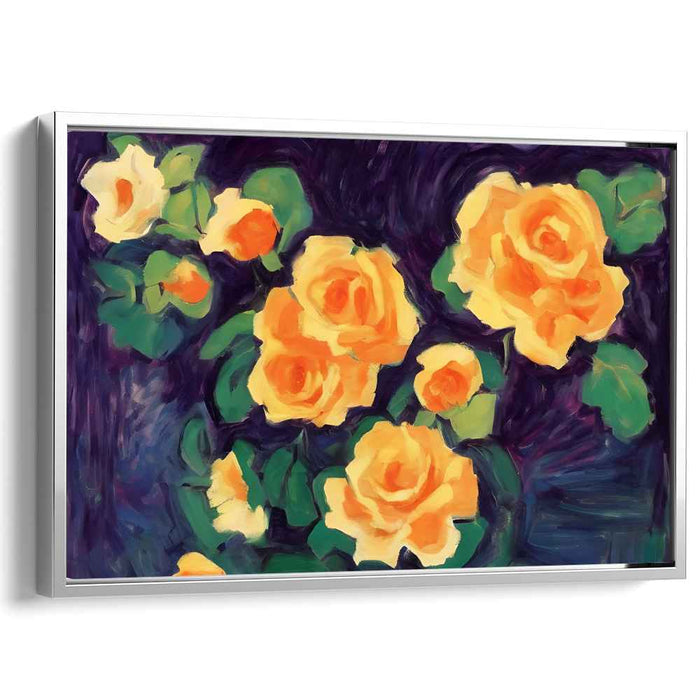 Enchanted Petals Dance Beneath Moonlight: Impressionist Yellow Roses on Deep Purple Canvas Art Print