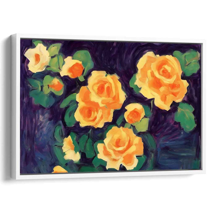 Enchanted Petals Dance Beneath Moonlight: Impressionist Yellow Roses on Deep Purple Canvas Art Print